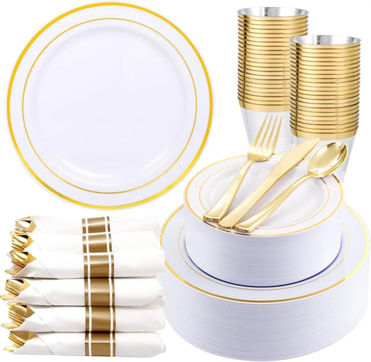350Piece Gold Dinnerware Set for 50 Guests - Gold Plastic Plates with Disposable Cutlery Include:50Dinner Plates-50Dessert Plate