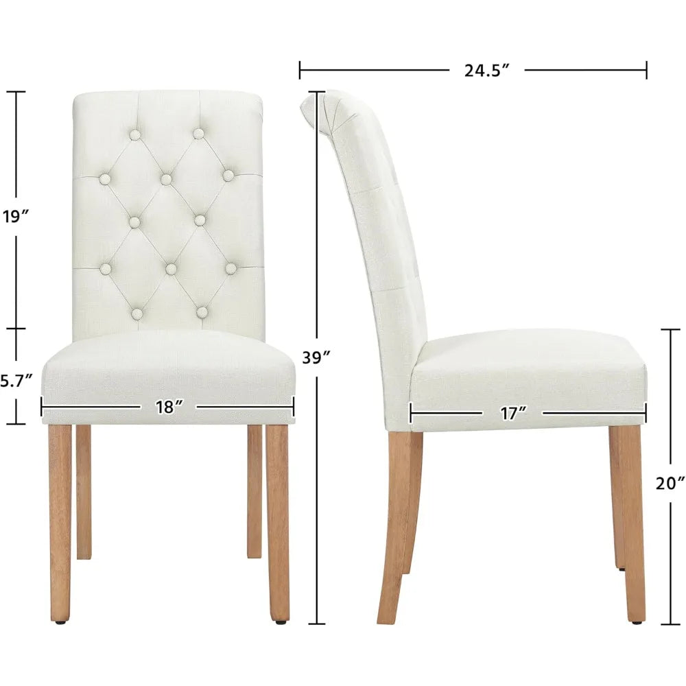 Dining Chair Set, 6 Upholstered Fabric Chairs, Button-up Tufted High Backs, Solid Wood Legs, Modern Style, Beige