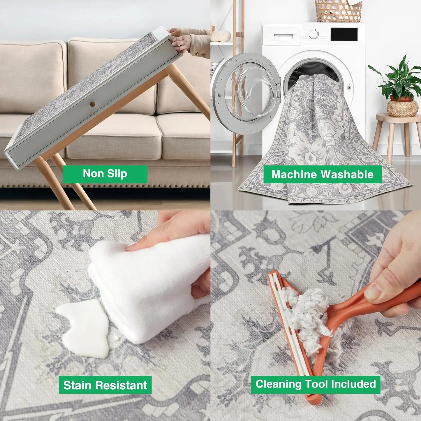 8x10 Washable Area Rug - Stain Resistant, Non-Skid Backing, Soft Low Pile for Living Room, Bedroom & Pet Friendly