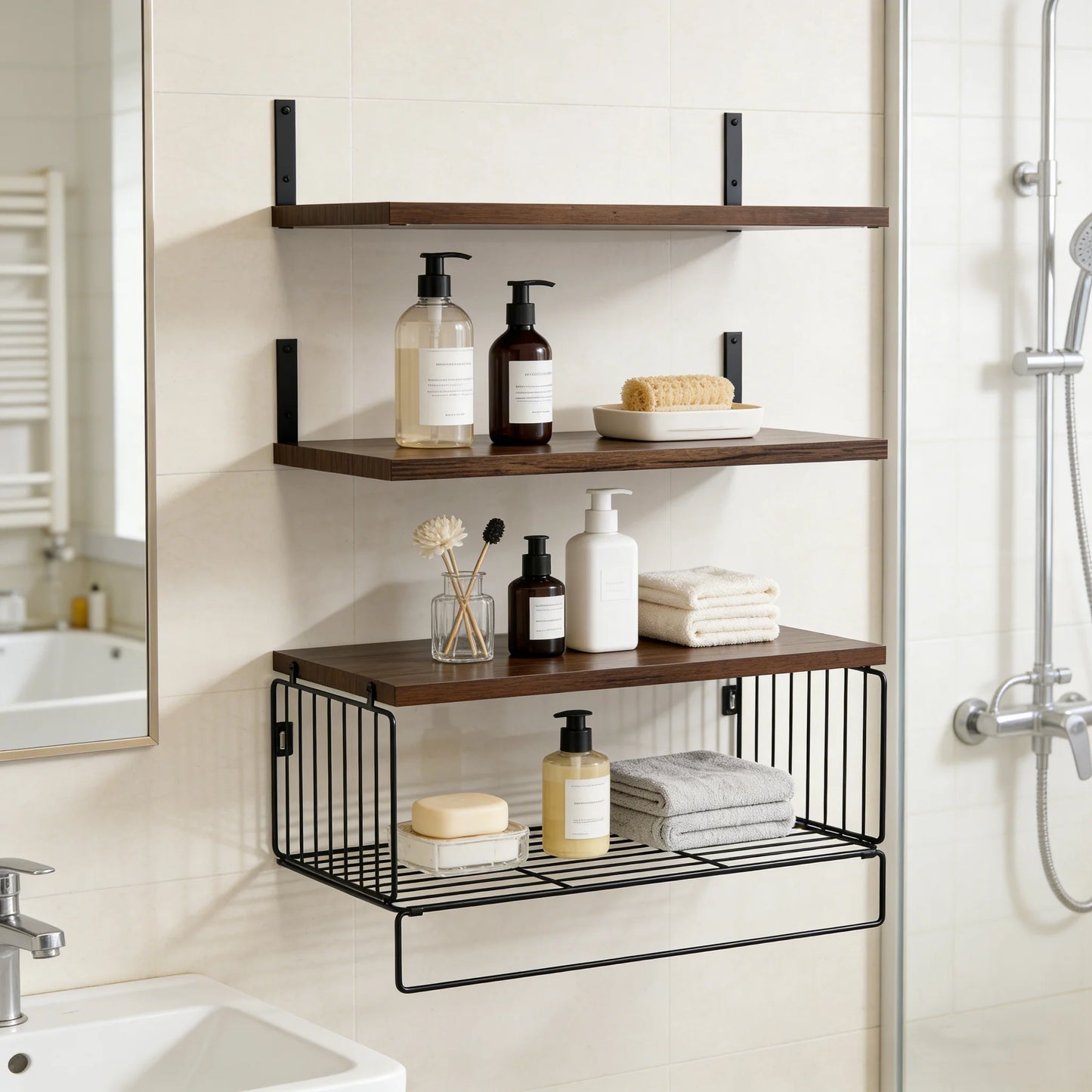 Wall Mounted 3+1 Tier Floating Shelves 16" Width Bathroom Floating Shelf Rustic Wood Shelf Over Toilet with Wire Storage Basket