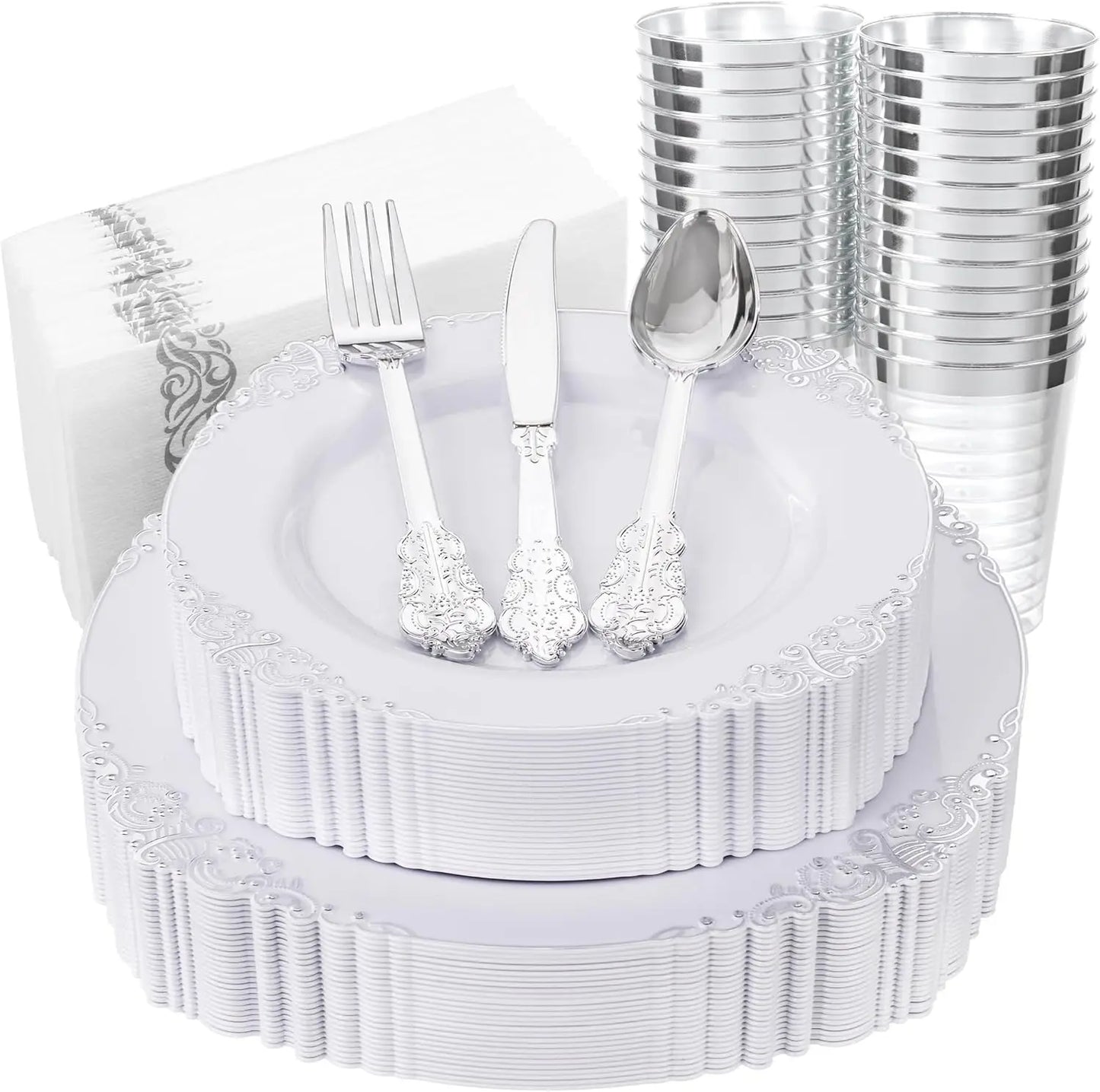 175PCS Silver Plastic Plates Set for 25 Guests, Includes Plates, Cups, Utensils & Napkins for Wedding & Party