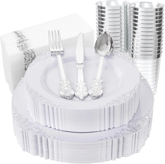 175PCS Silver Plastic Plates Set for 25 Guests, Includes Plates, Cups, Utensils & Napkins for Wedding & Party