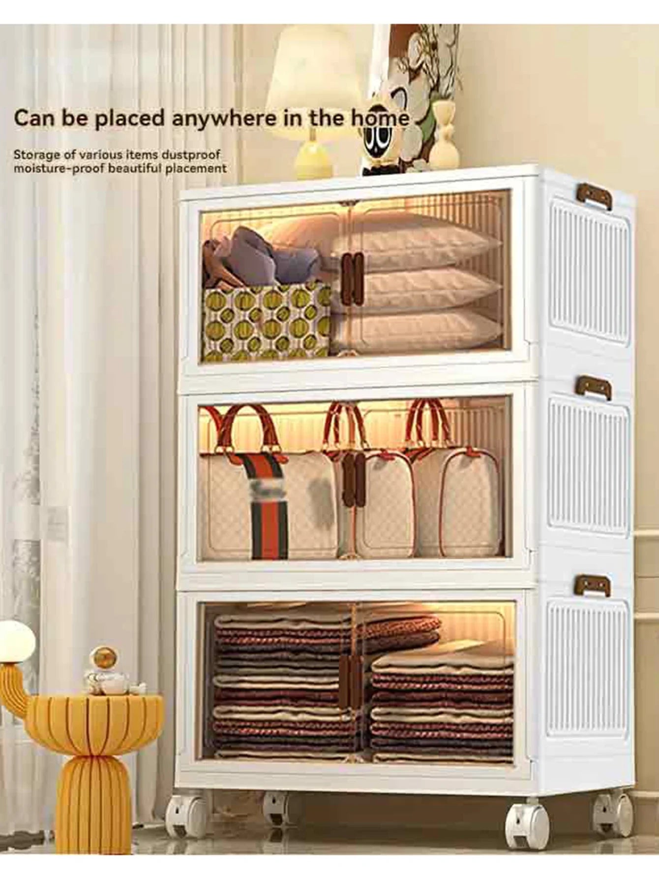 60cm 2/3/4/5 Layers Foldable Storage Cabinet with Wheels for Home Kitchen Bedroom Living Room Clothes Toy Shoes Storage Box