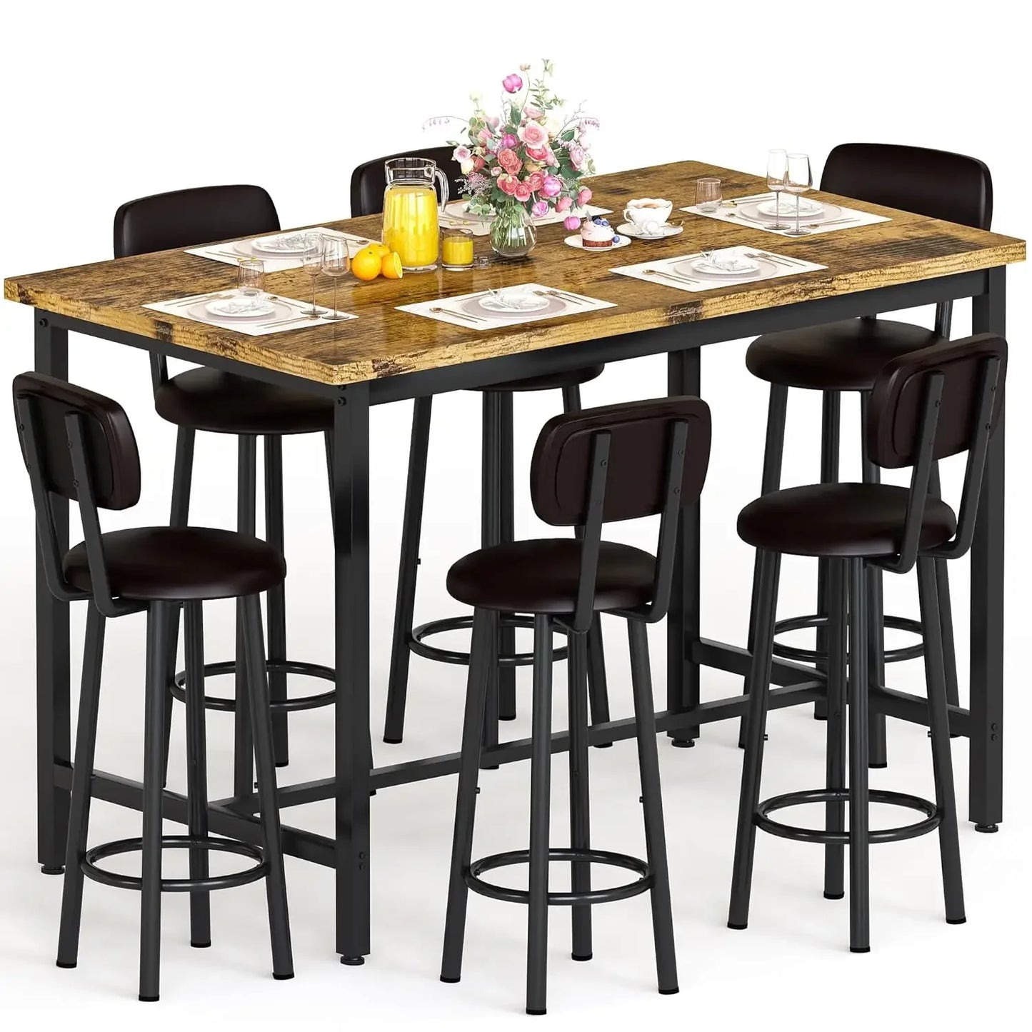 50" Dining Table Set for 6, 7-Piece Counter Height Bar Table Set with Upholstered Stools, Space-Saving Modern Pub Set