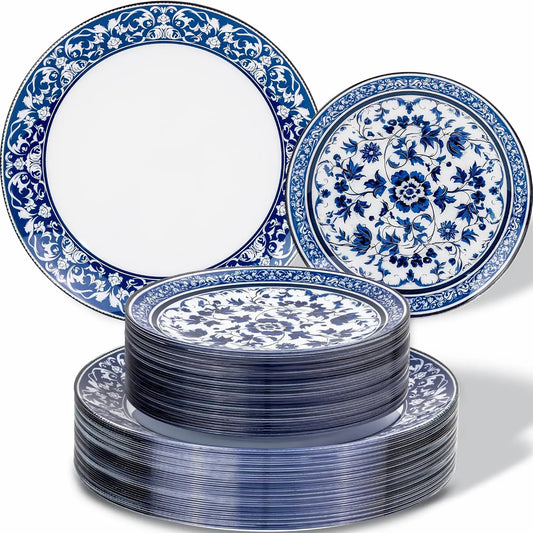 60pcs Blue Plastic Plates Set - Floral Blue & White Porcelain Design, 10.25" Dinner & 7.5" Dessert Plates Disposable for Wedding