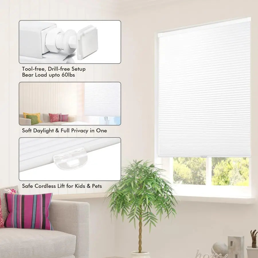 Cellular Shades, No Drill No Tools Light Filtering Honeycomb Shades, Pleated Blinds for Windows, Easy to Install, White 22 W x 4