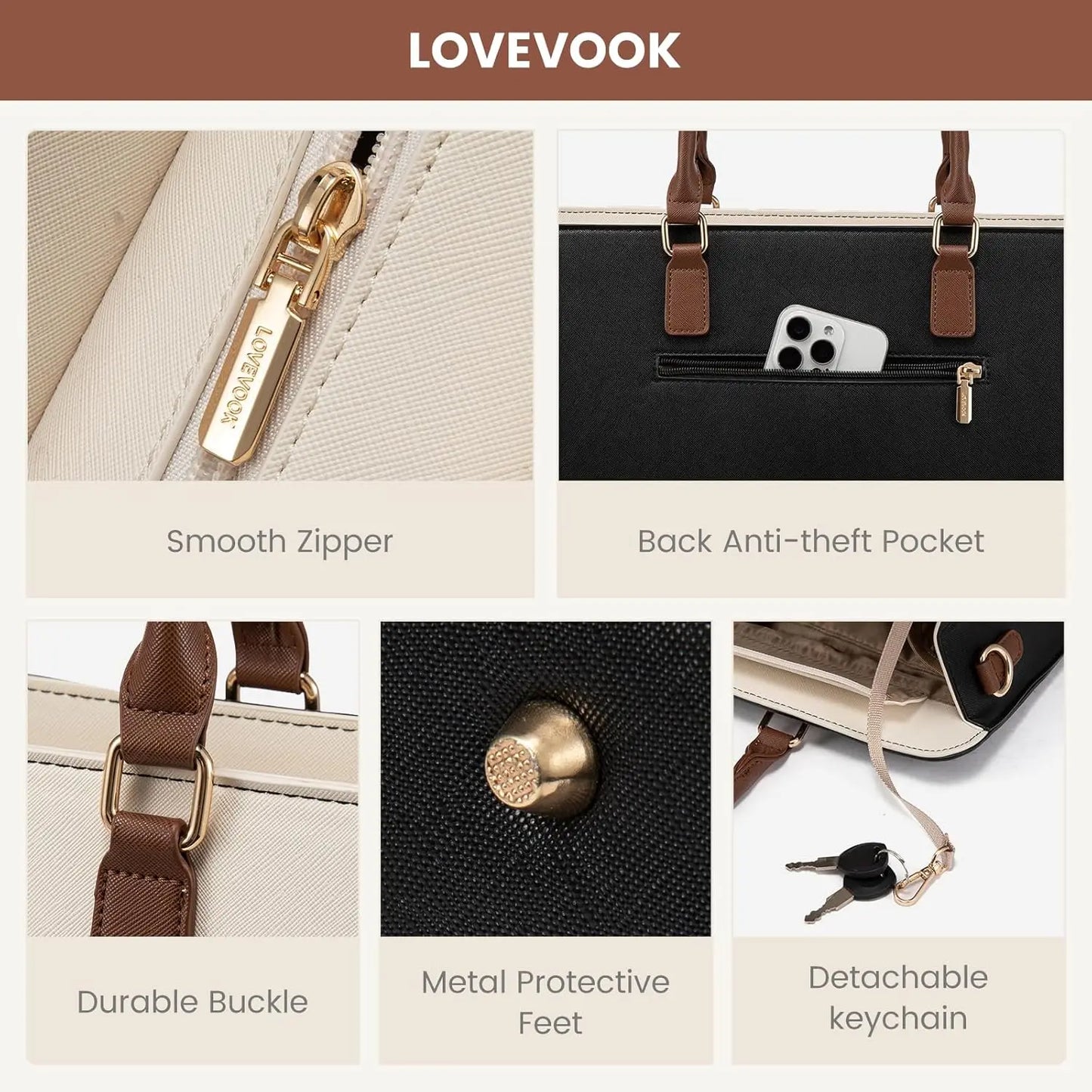 Waterproof Leather Laptop Tote Bag for Women, Large Business Work Bag with Adjustable Strap, Office Travel Purse Briefcase