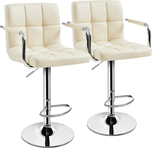 Bar Stools Set of 2, PU Leather Adjustable Swivel Barstools, Hydraulic Kitchen Counter Height Bar Chairs with Armrest and Bac