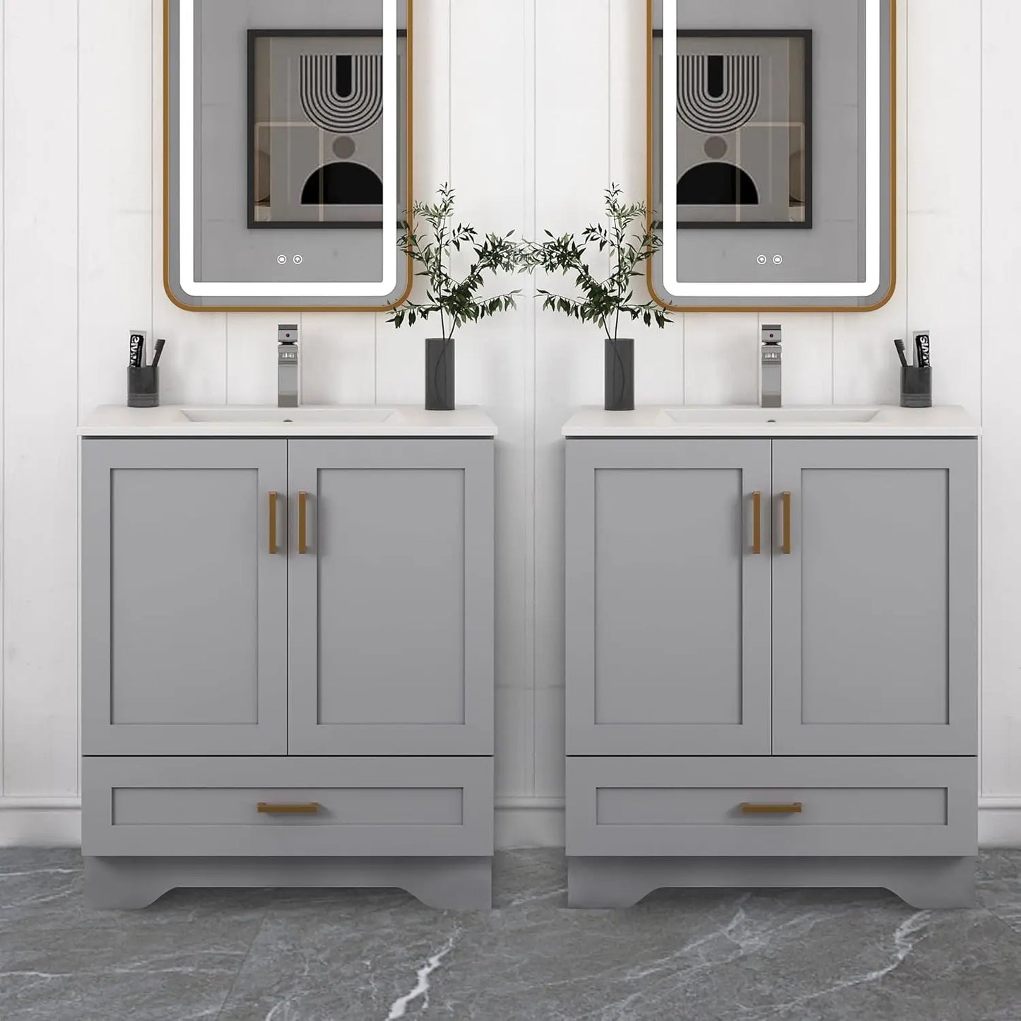 24" Bathroom Vanity with Ceramic Undermount Sink - Freestanding 2-Door & 1-Drawer Storage Cabinet