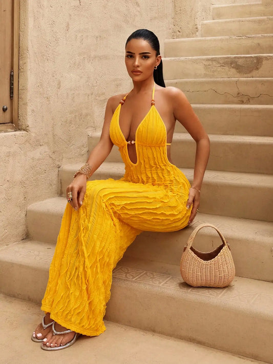 Women's Yellow Deep V Halter Neck Ruched Long Dress with Beaded Detail, Beach Vacation Style
