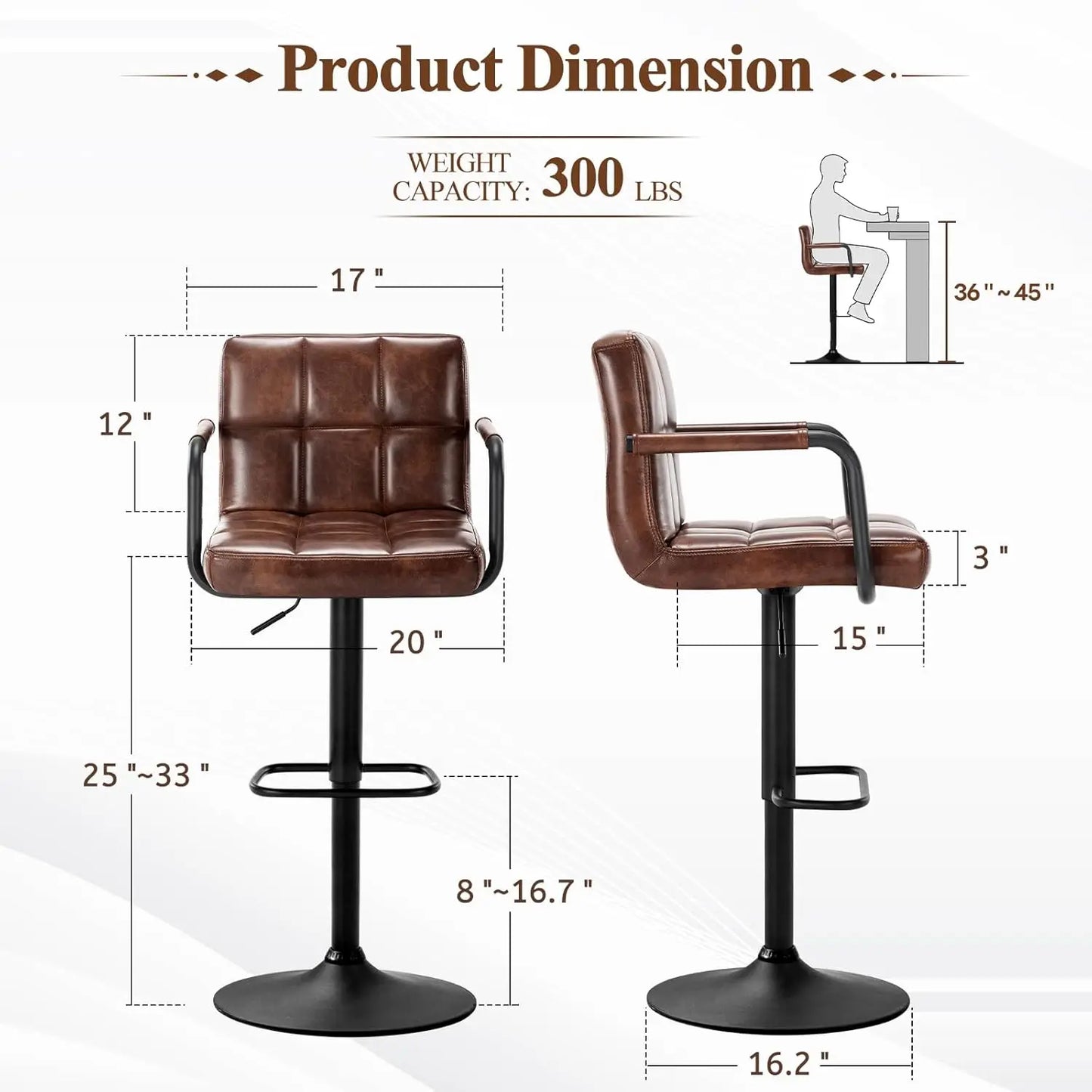 Swivel Bar Stools Set of 4, Adjustable Kitchen Counter Height BarStools with Arms, PU Leather Upholstered Bar Chair, Customized