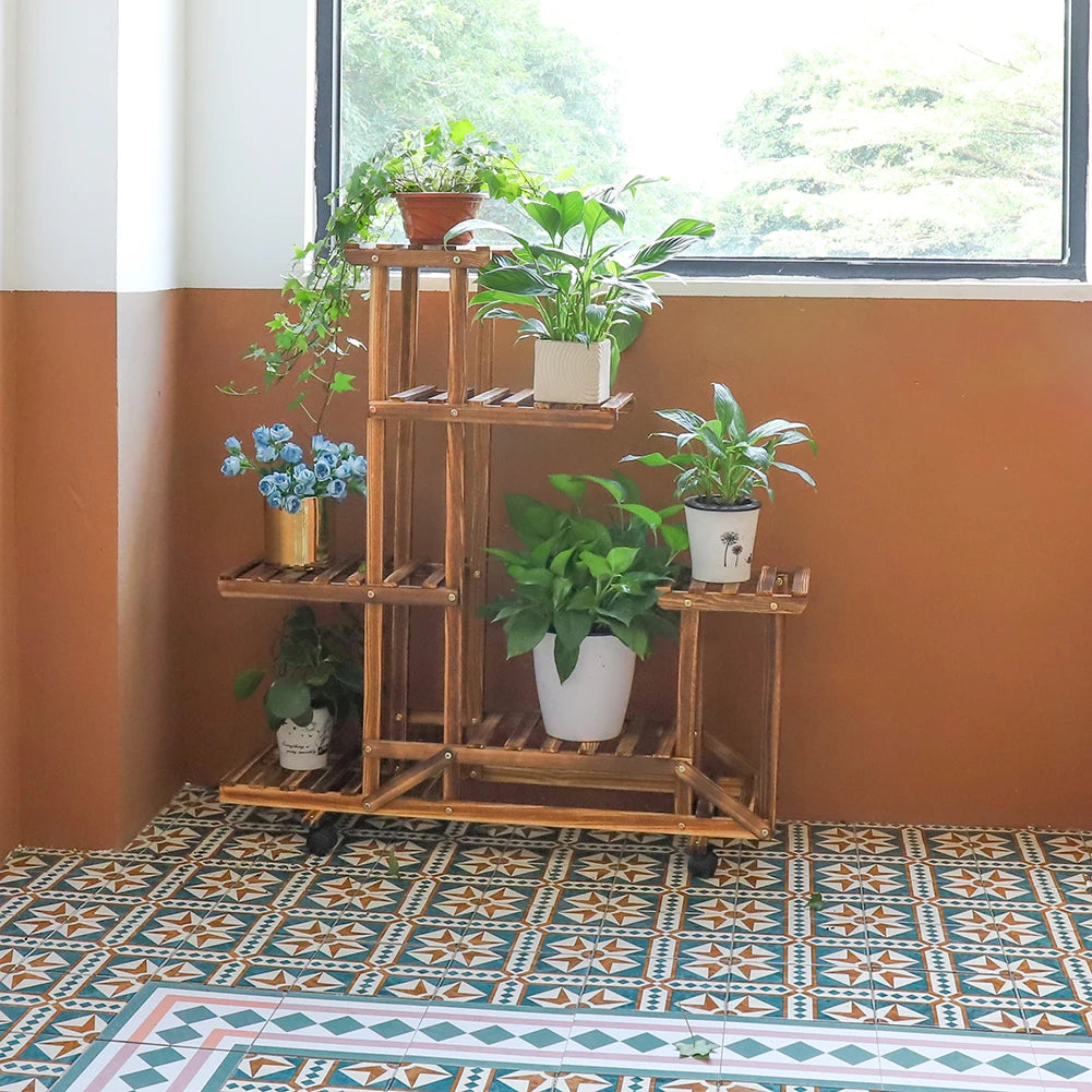 Multi-Layer Wood Plant Stand Rack Outdoor Indoor Rolling Flower Pot Holder with Wheels