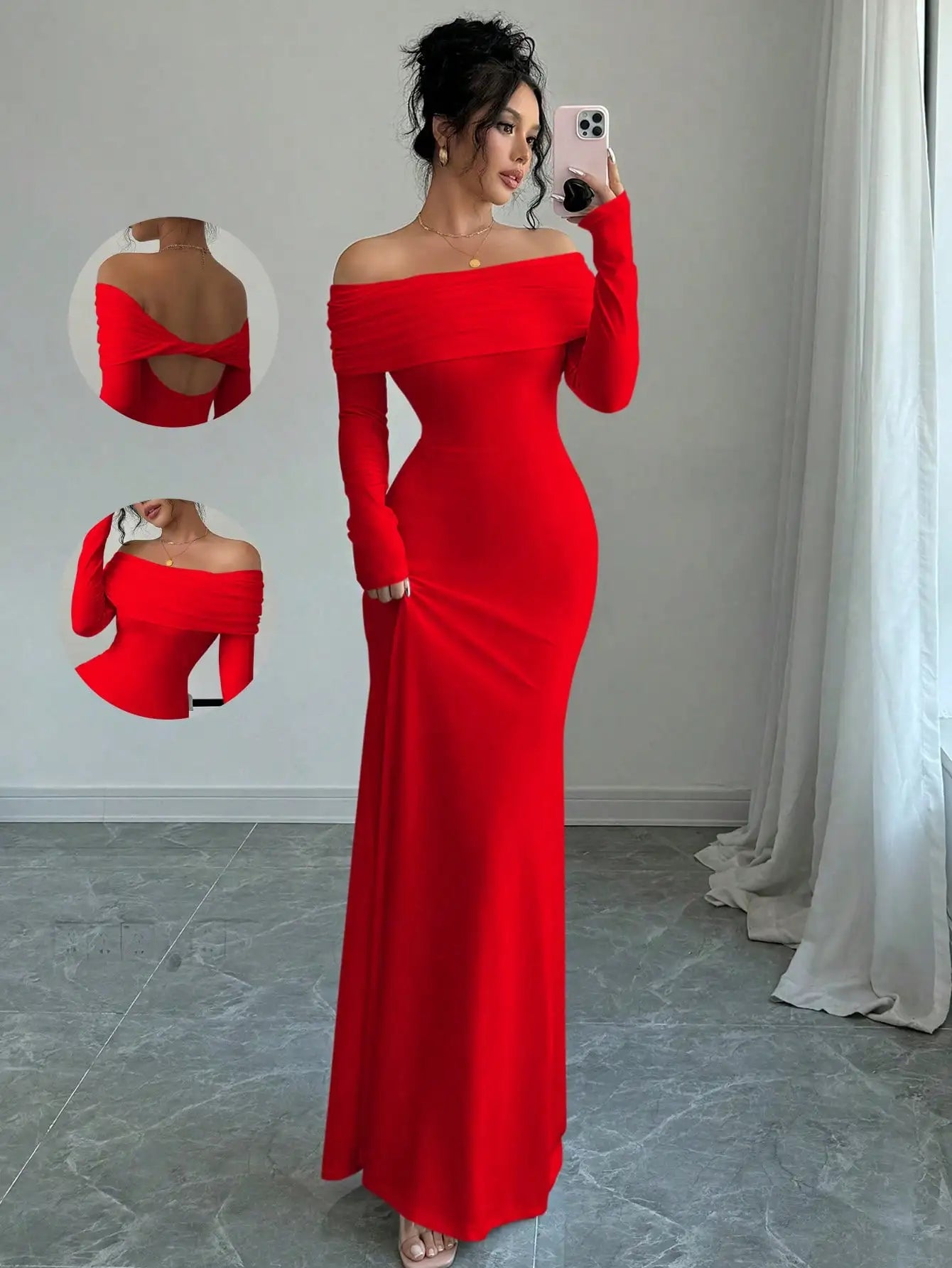 White Off-Shoulder Long Sleeve Maxi Dress with Back Twist Knot, Fitted Silhouette for Evening Events