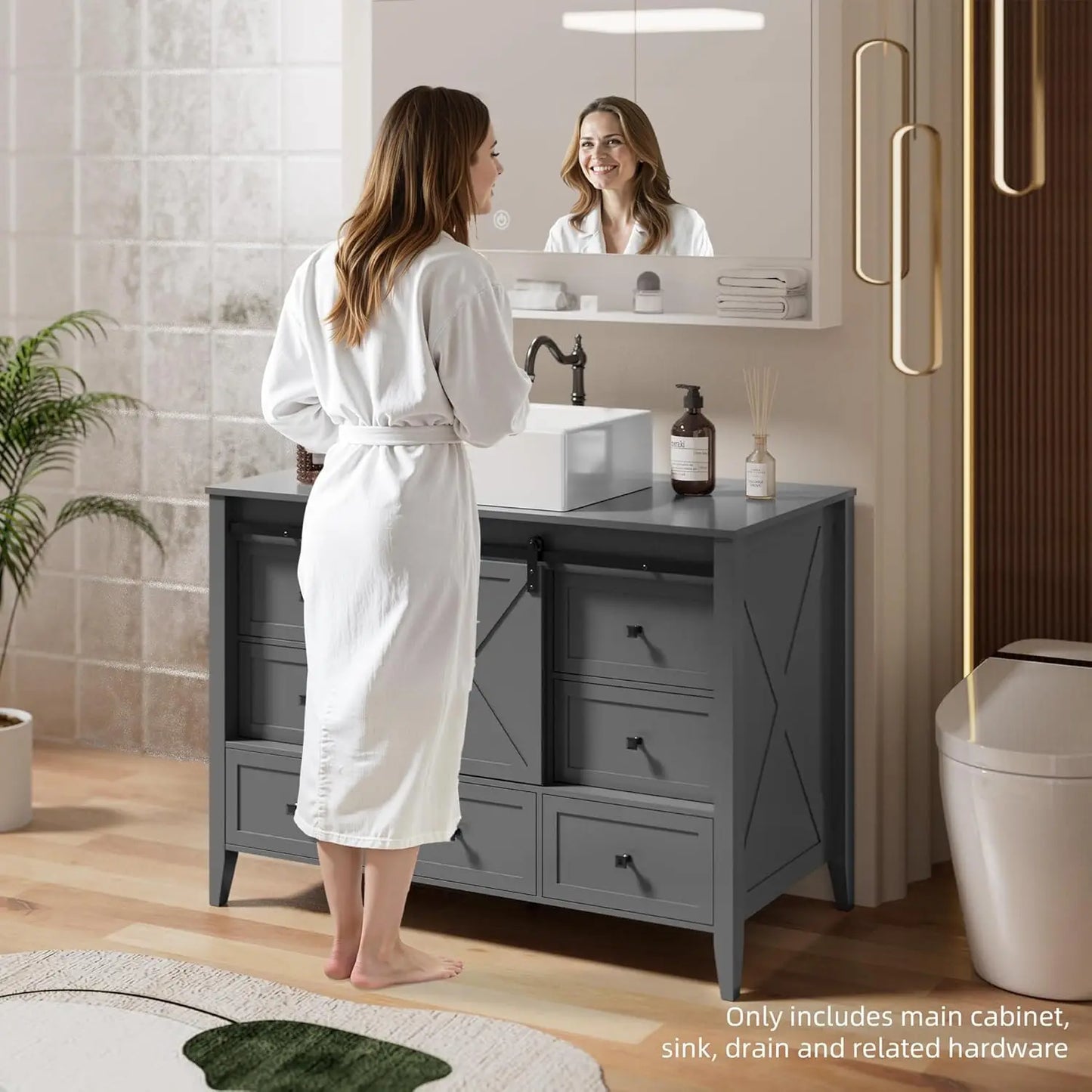 48 Inch Bathroom Vanity with Sink Ceramic, Freestanding Cabinet with Farmhouse Sliding Barn Door, Space-Saving Storage Cabinet