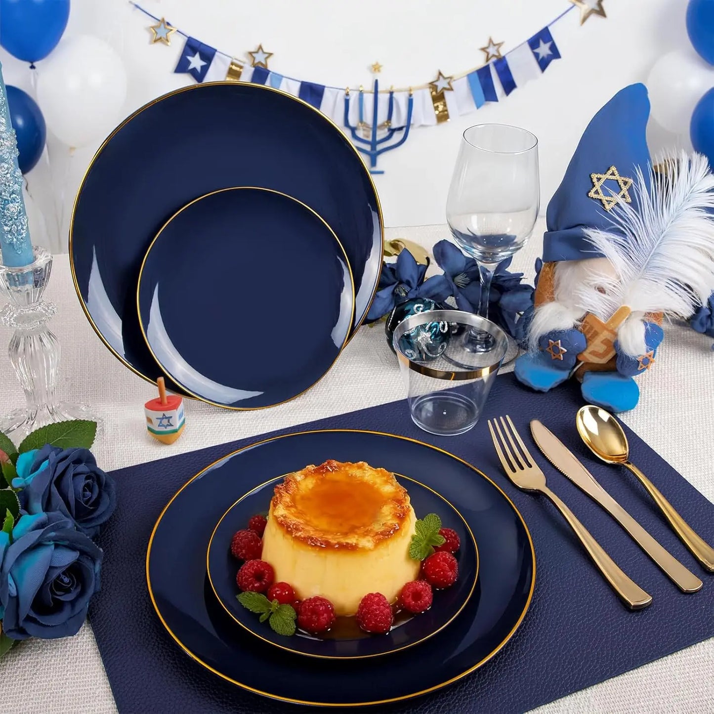 Navy Blue Disposable Plates Set for 50 Guests - Heavy Duty Plastic Dinnerware with Gold Rim for Party/Wedding/Birthday