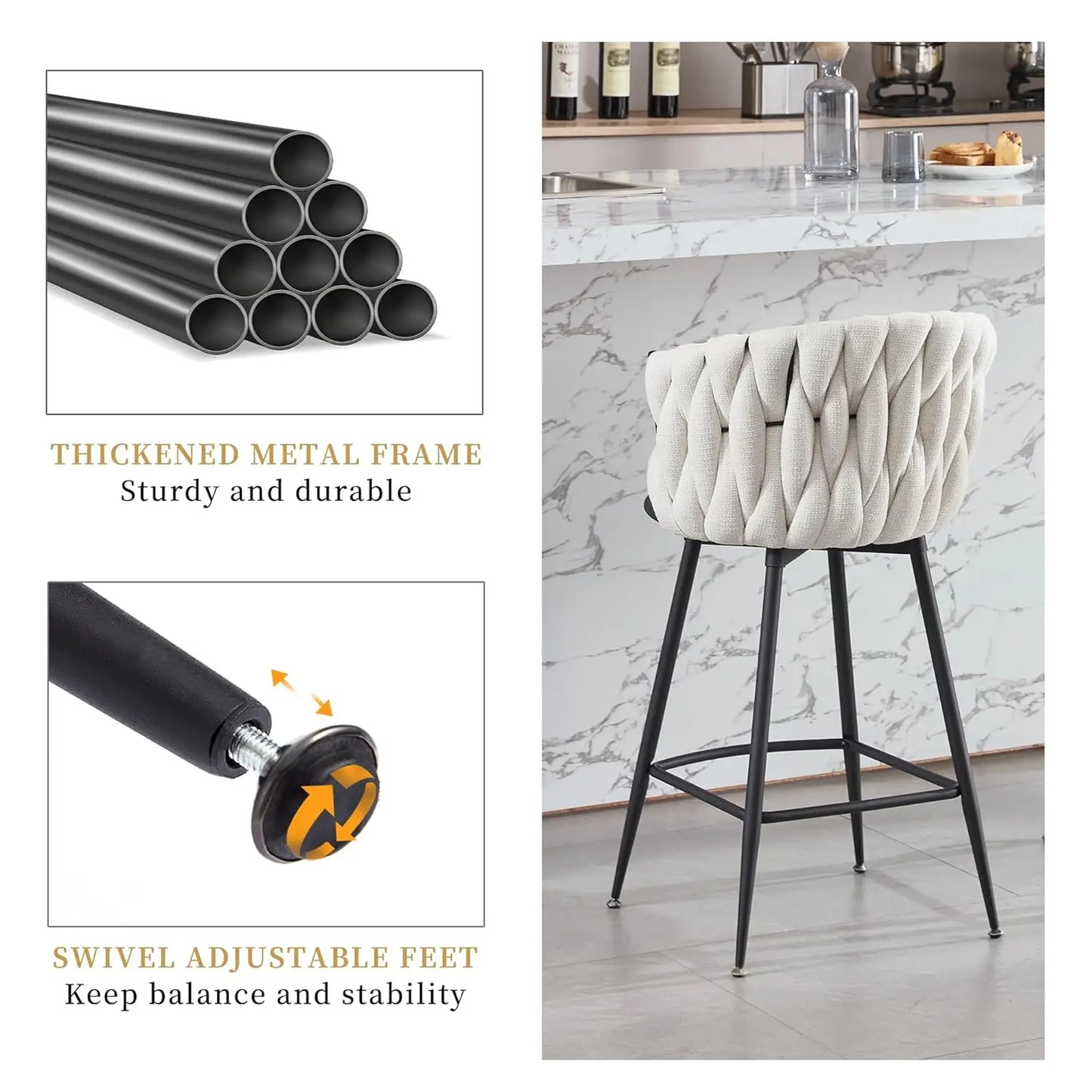 Bar Stools Set of 4 for Kitchen Counter, 26 inch Modern Fabric Counter Height Barstools, 360°Swivel Bar Chairs, Customized