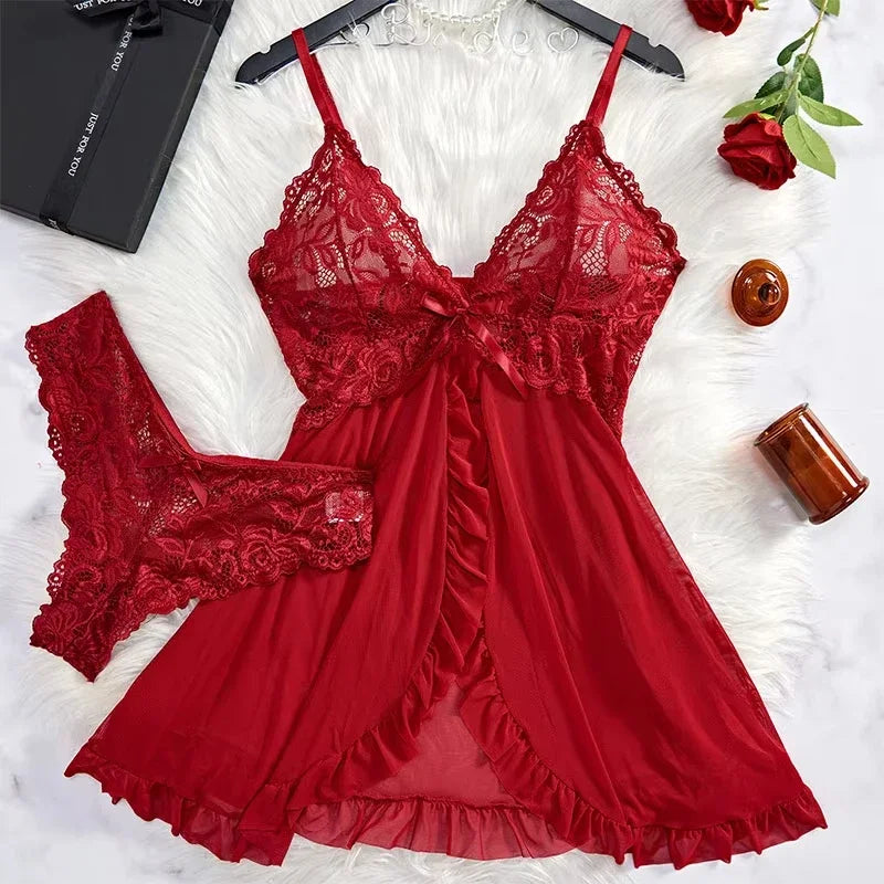 A Set of Tulle Super Sexy Nightgown V-neck Bra Open Nightdress Dress Dress Woman Transparent Pajamas Underwear Luxury Suit