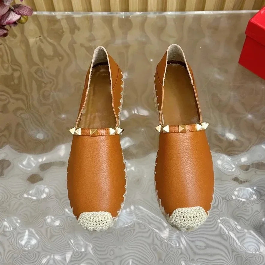 mew Top Quality 2025 New Genuine Leather Rivet Platform Loafers Shoes Shallow Espadrilles Fisherman Shoes De Mujer