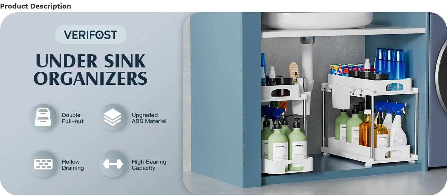 2 Pack Under Sink Organizers and Storage, 2 Tier Height Adjustable Countertop Organizer for Kitchen Bathroom Laundry