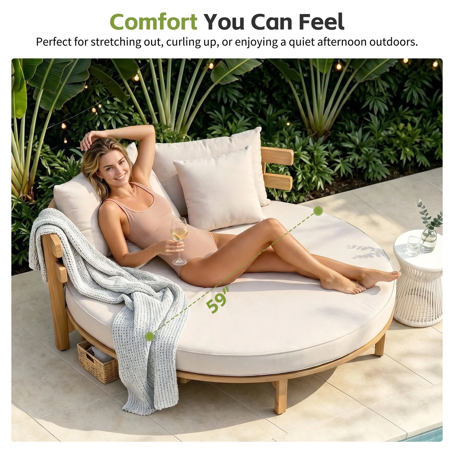 Outdoor Acacia Wood Round Daybed, Patio Lounger with Curved Slatted Backrest, Cushion and 4 Pillows for Backyard, Poolside