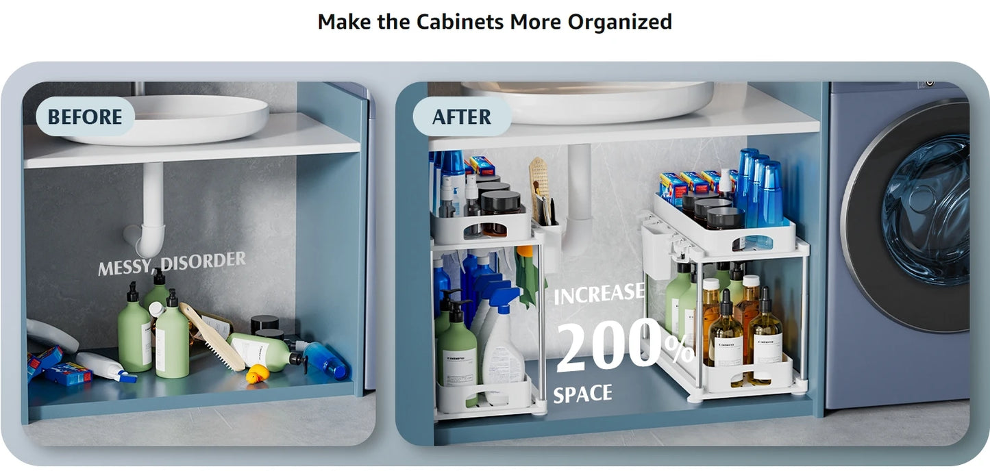 2 Pack Under Sink Organizers and Storage, 2 Tier Height Adjustable Countertop Organizer for Kitchen Bathroom Laundry