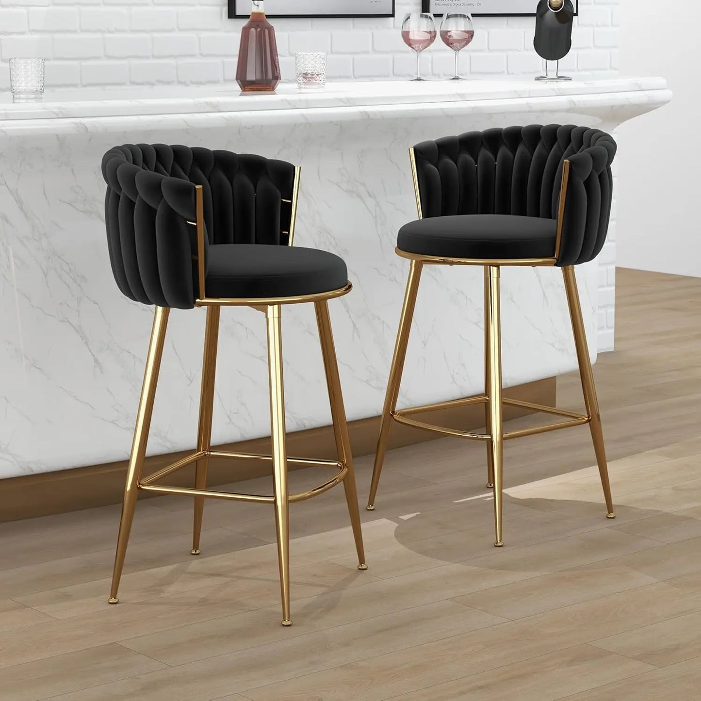 Gold Bar Stools Set of 2, Velvet Hand-Woven Barstools, Seat Height 27″ Counter Stools with Upholstered Backrest, Modern Luxuriou