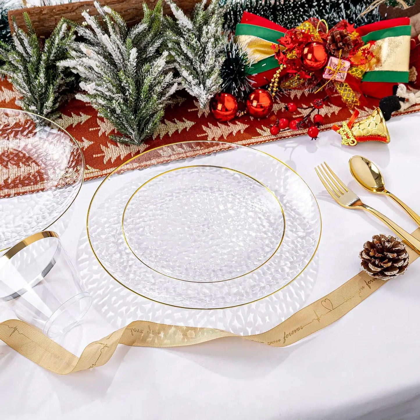 175 Pcs Clear Gold Plastic Dinnerware Set for 25 Guests, Hammered Party Plates with Cutlery and Napkins