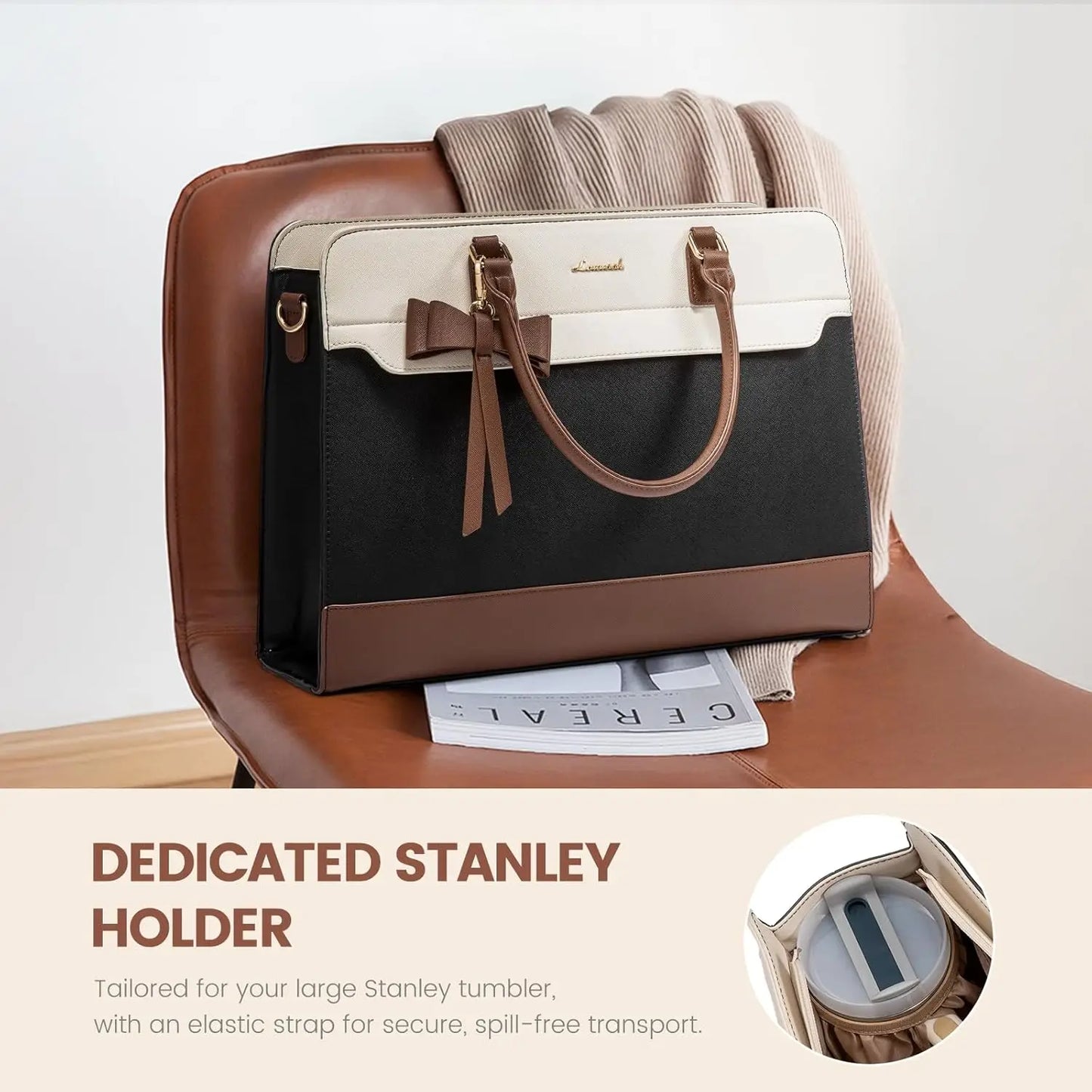 Waterproof Leather Laptop Tote Bag for Women, Large Business Work Bag with Adjustable Strap, Office Travel Purse Briefcase