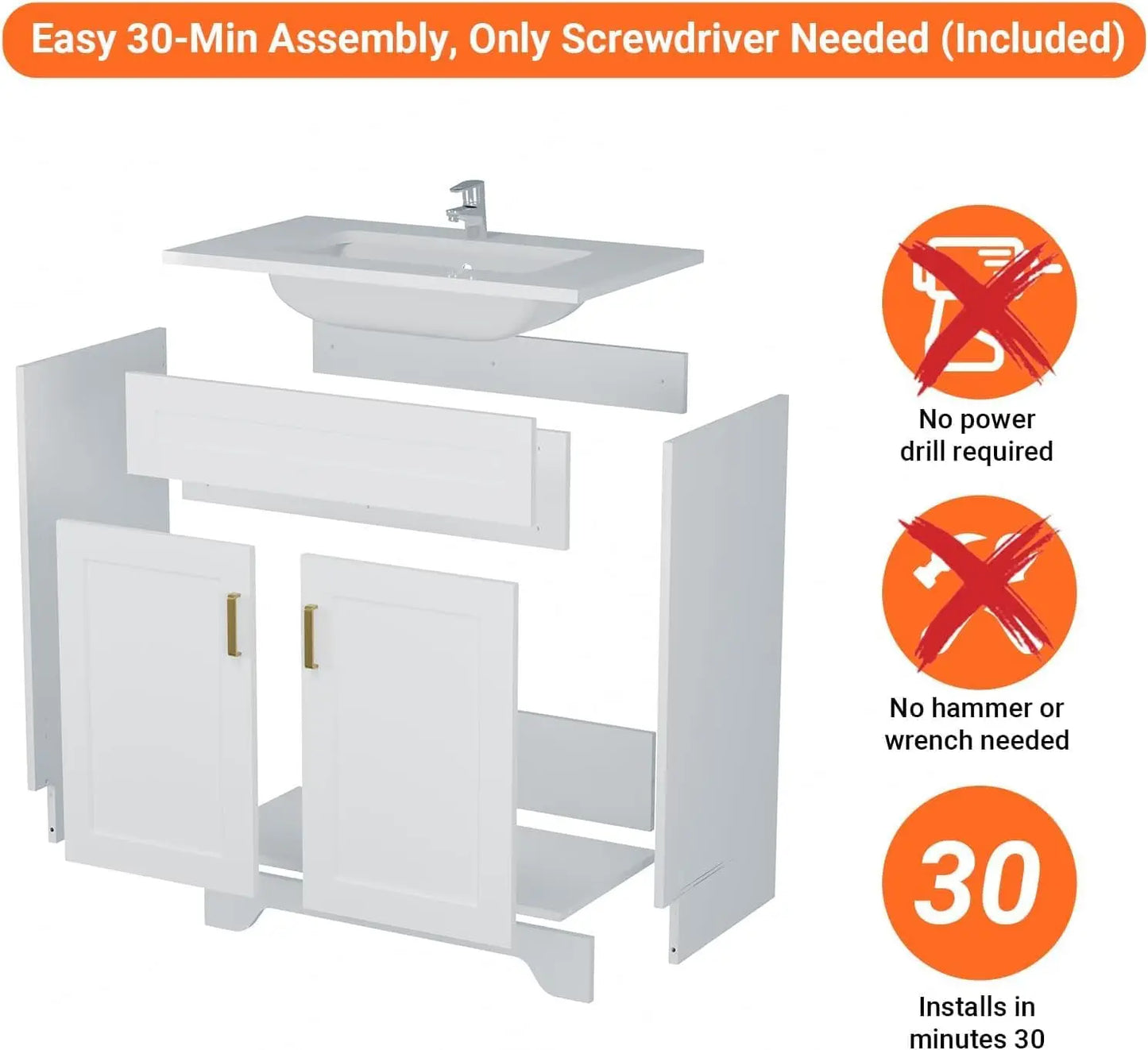 30 Inch Bathroom Vanity with Sink, Modern Bathroom Vanity with Ceramic Basin and Countertop, Easy Assembly