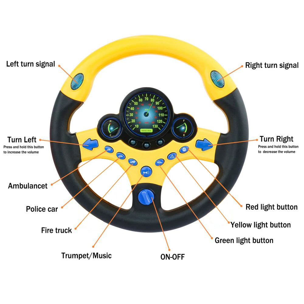 WANXIANGSTEERINGWHEELYELLOW-2192E-4 Simulation Steering Wheel Toys With Light Music Educational Portable Eletric Early Education
