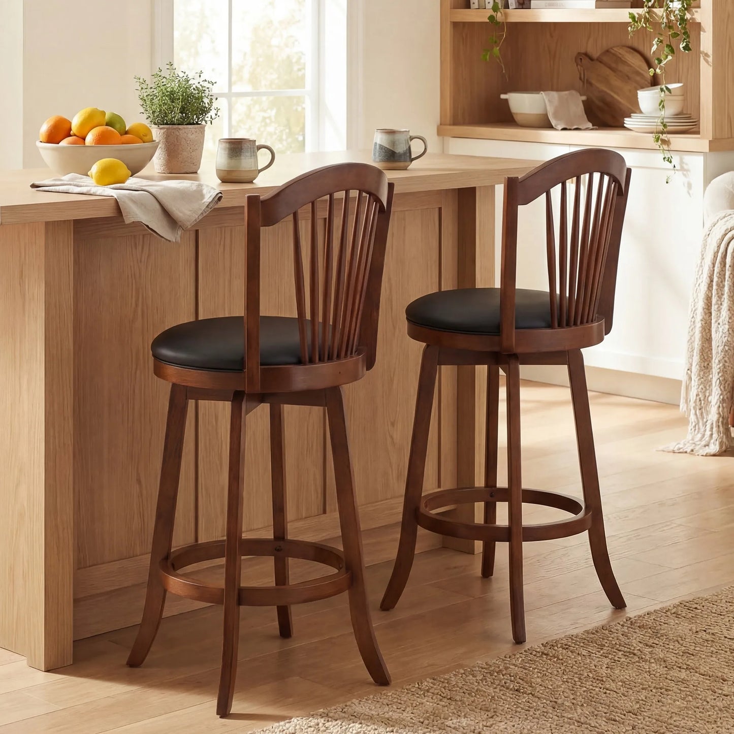 Swivel Bar Stools Set of 2, 31” Bar Height Barstools w/ Backrests & Wood Frame