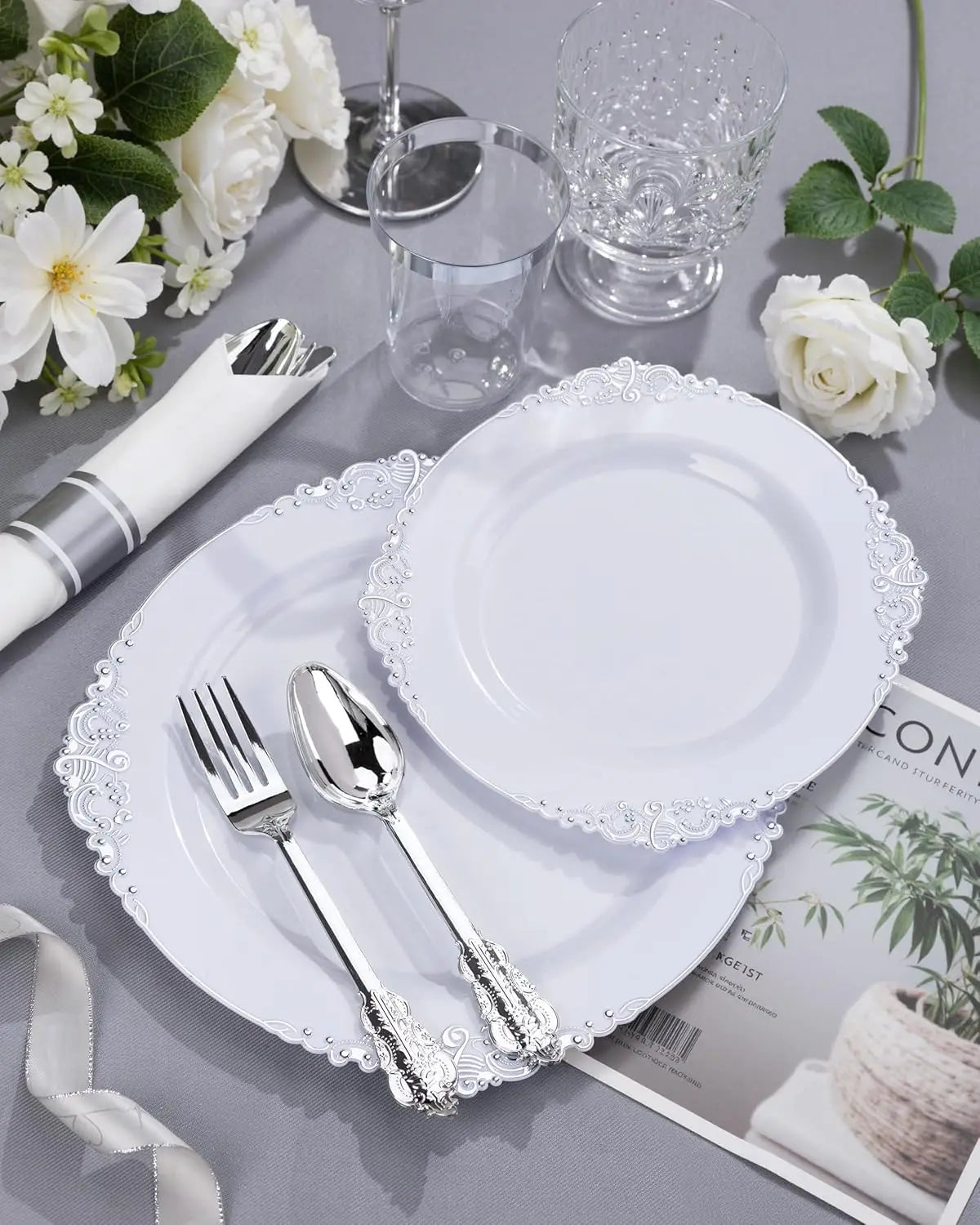 175PCS Silver Plastic Plates Set for 25 Guests, Includes Plates, Cups, Utensils & Napkins for Wedding & Party