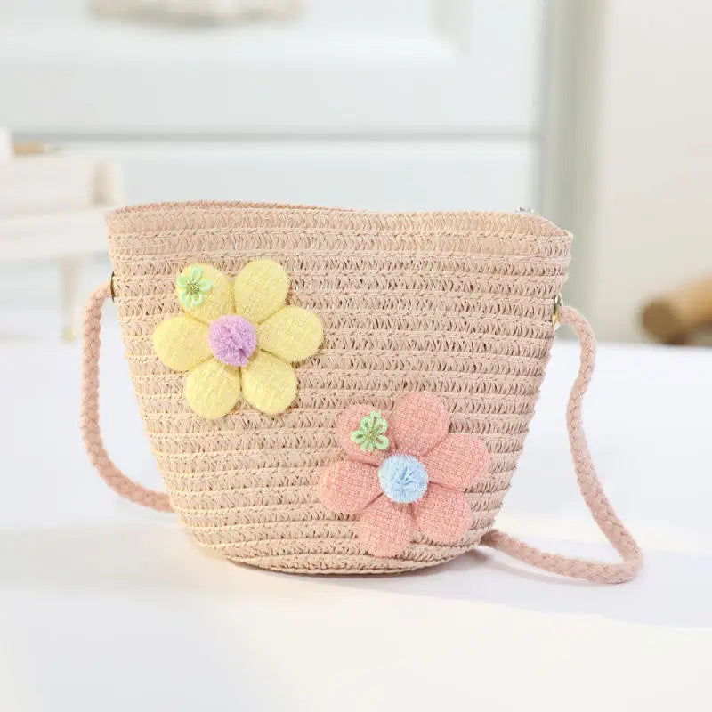 Girl Zipper Flower Straw Bag Cute Photo Props Handmade Woven Kid Messenger Bags Storage Basket Coin Purse Crossbody Handbag