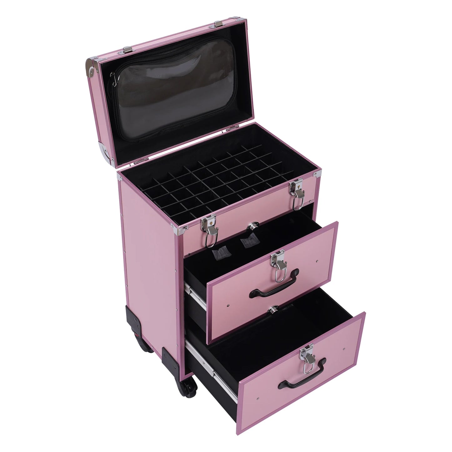 Professional Makeup Rolling Train Case, 3-Layer Portable Cosmetics Organizer with 50 Compartments & Wheels - 110LBS Capacity