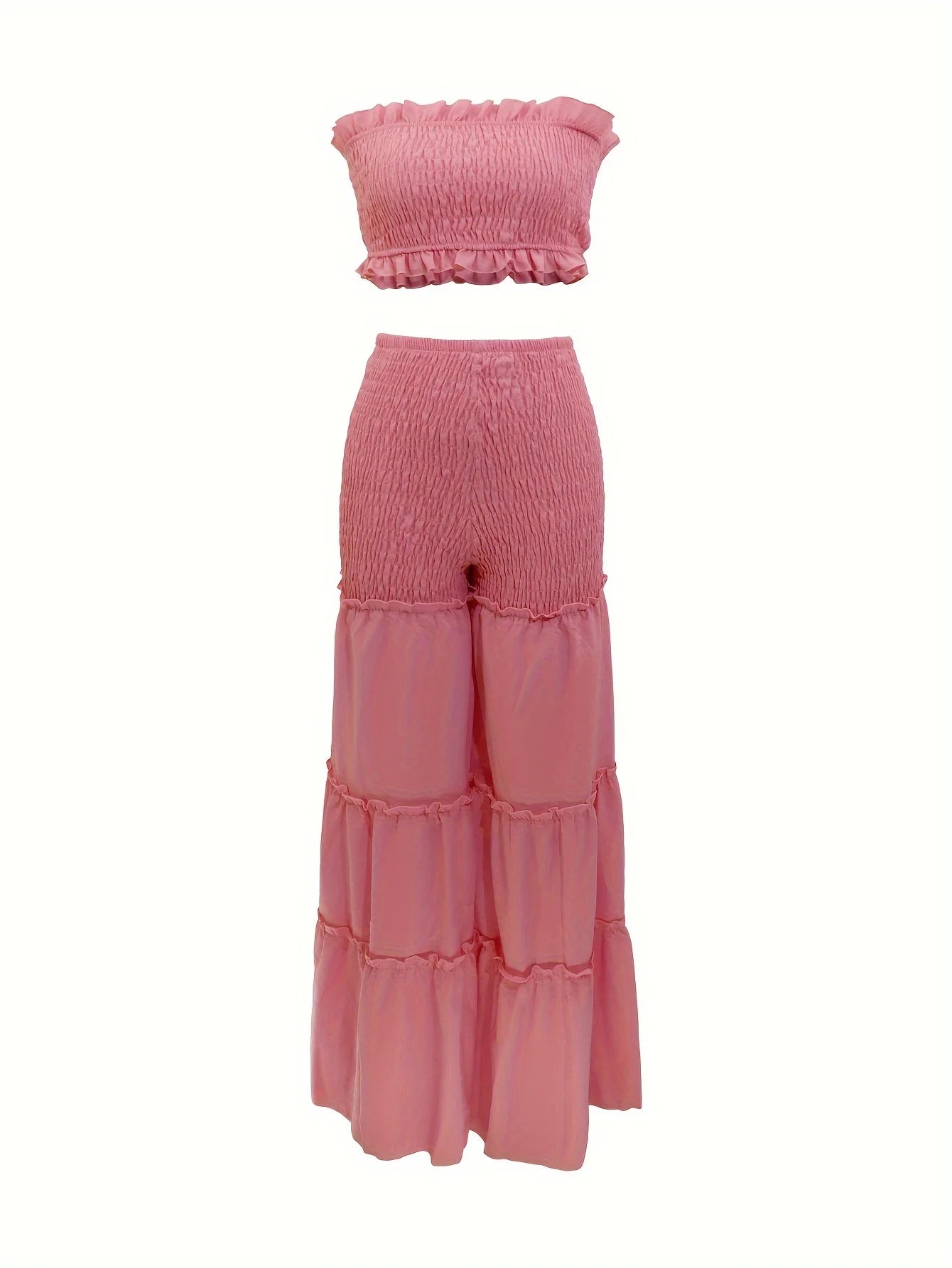 Women 2 Piece Set Strapless Smocked Tube Top Wide Leg Pants Ruffle Tiered Summer Beach Vacation Boho Outfit