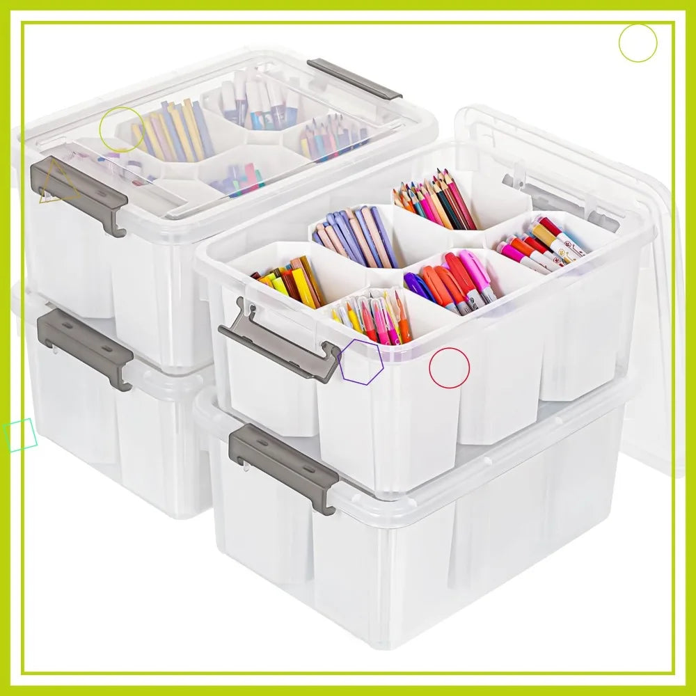 17QT Plastic Storage Bins with Lids, Clear Stackable Organizer Boxes 4-Pack, Multipurpose Craft Tool Crayon Storage