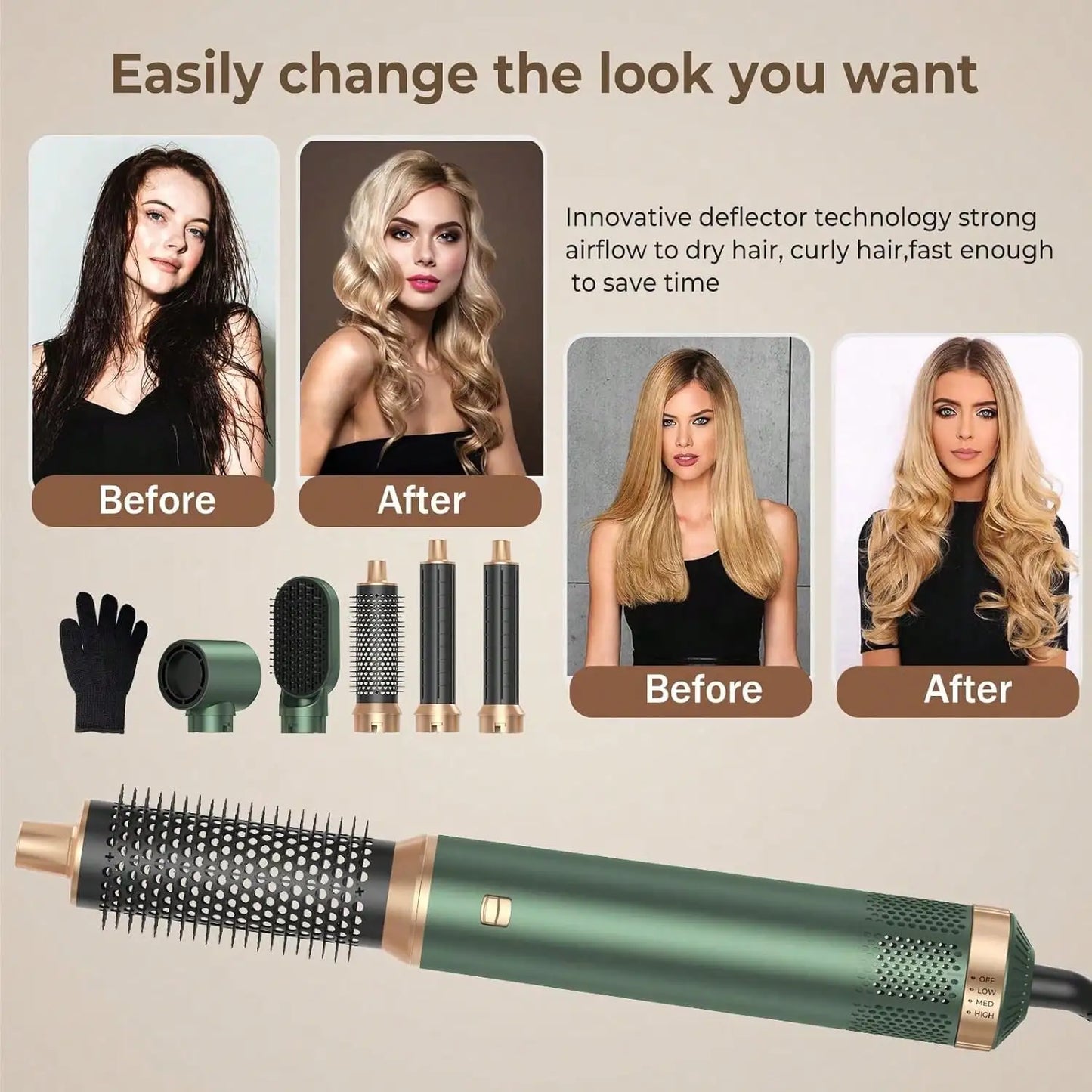 UKLISS 5-in-1 Green and Gold Air Styler: Perfect Valentine's Day Gift, 800W Power, for Curling Straightening, and Blow-drying