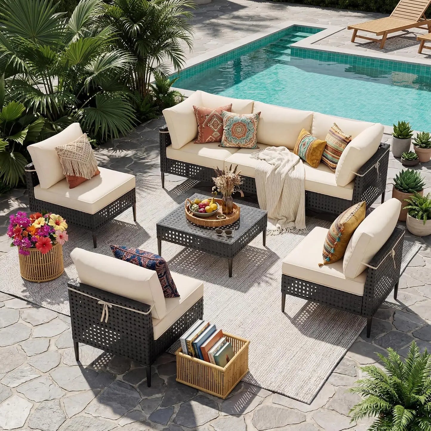 Wicker Patio Furniture Set, 7-Piece Modular Outdoor Furniture Set, High-Leg Design Sectional Patio Sofa with Glass, Customized