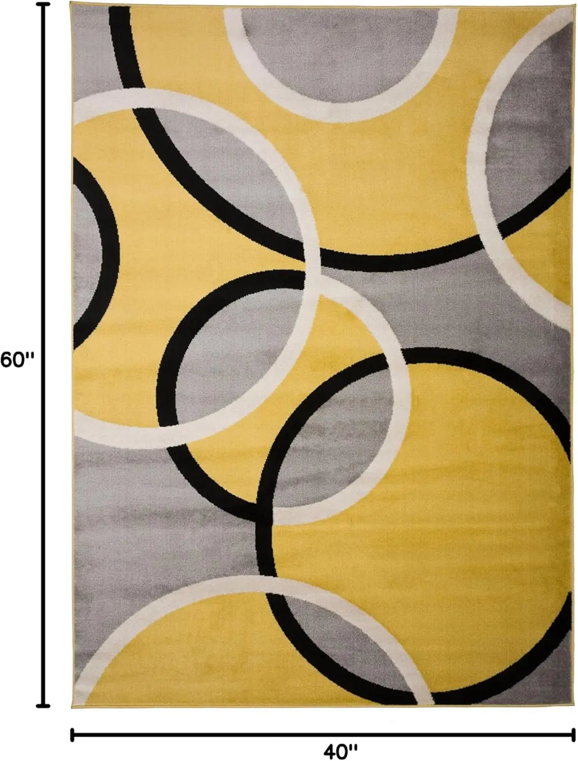 Modern Abstract Circles Area Rug with Jute Backing, Yellow Grey Design for Living Room Bedroom Kitchen Entryway, 3'3" x 5'