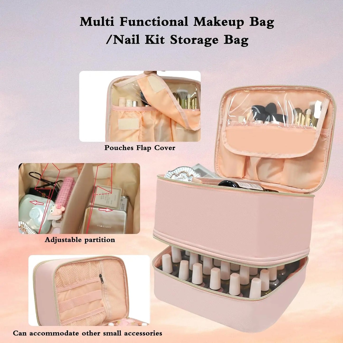 Nail Polish Organizer Case, Double-Layer Nail Supplies Holder for 30 Bottles and Nail Lamp, Professional Nail Kit Storage Travel