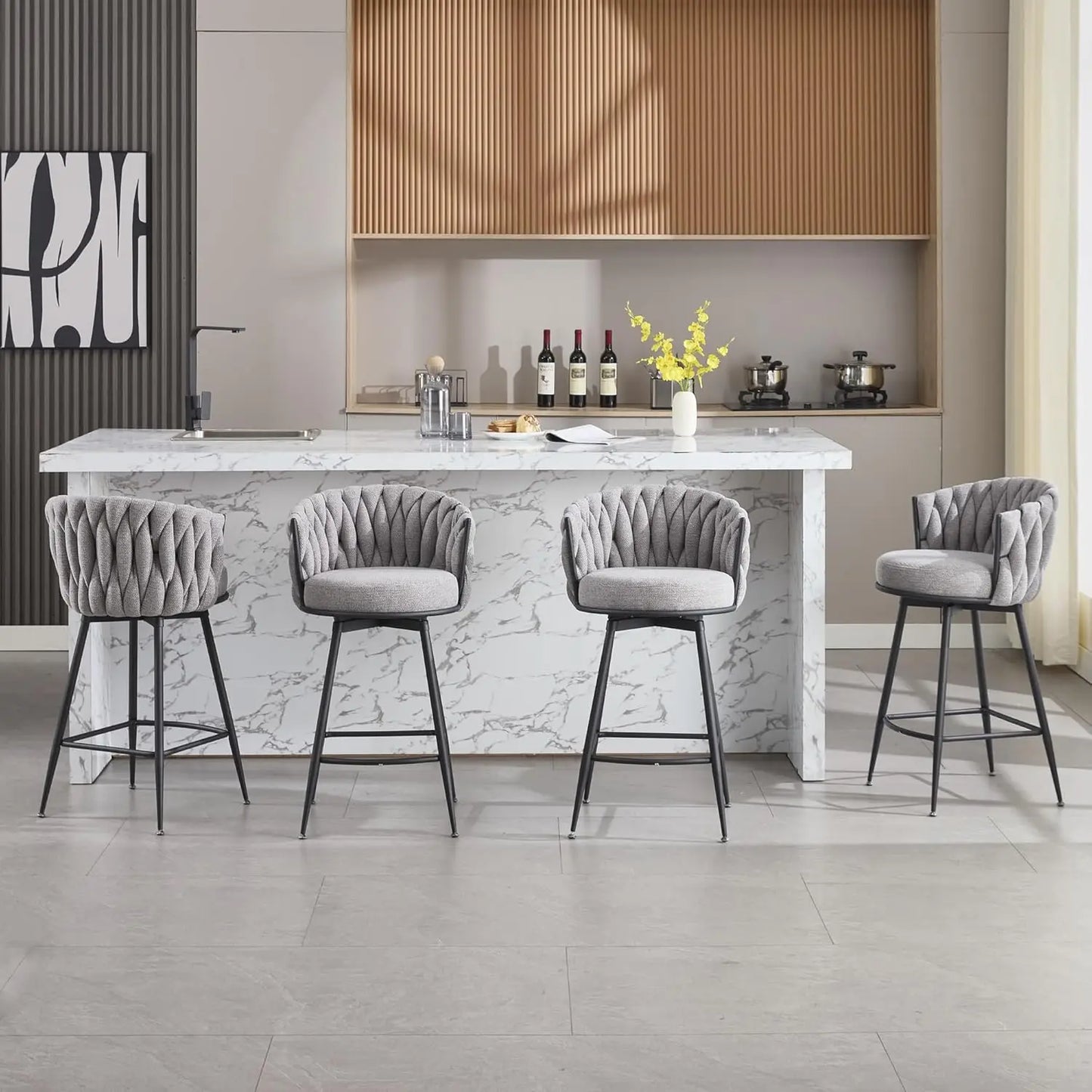 Bar Stools Set of 4 for Kitchen Counter, 26 inch Modern Fabric Counter Height Barstools, 360°Swivel Bar Chairs, Customized