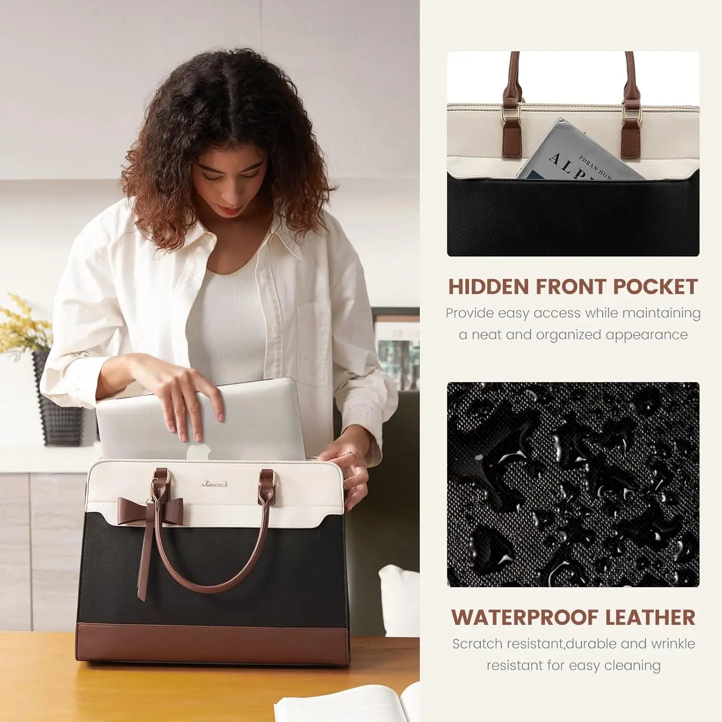 Waterproof Leather Laptop Tote Bag for Women, Large Business Work Bag with Adjustable Strap, Office Travel Purse Briefcase