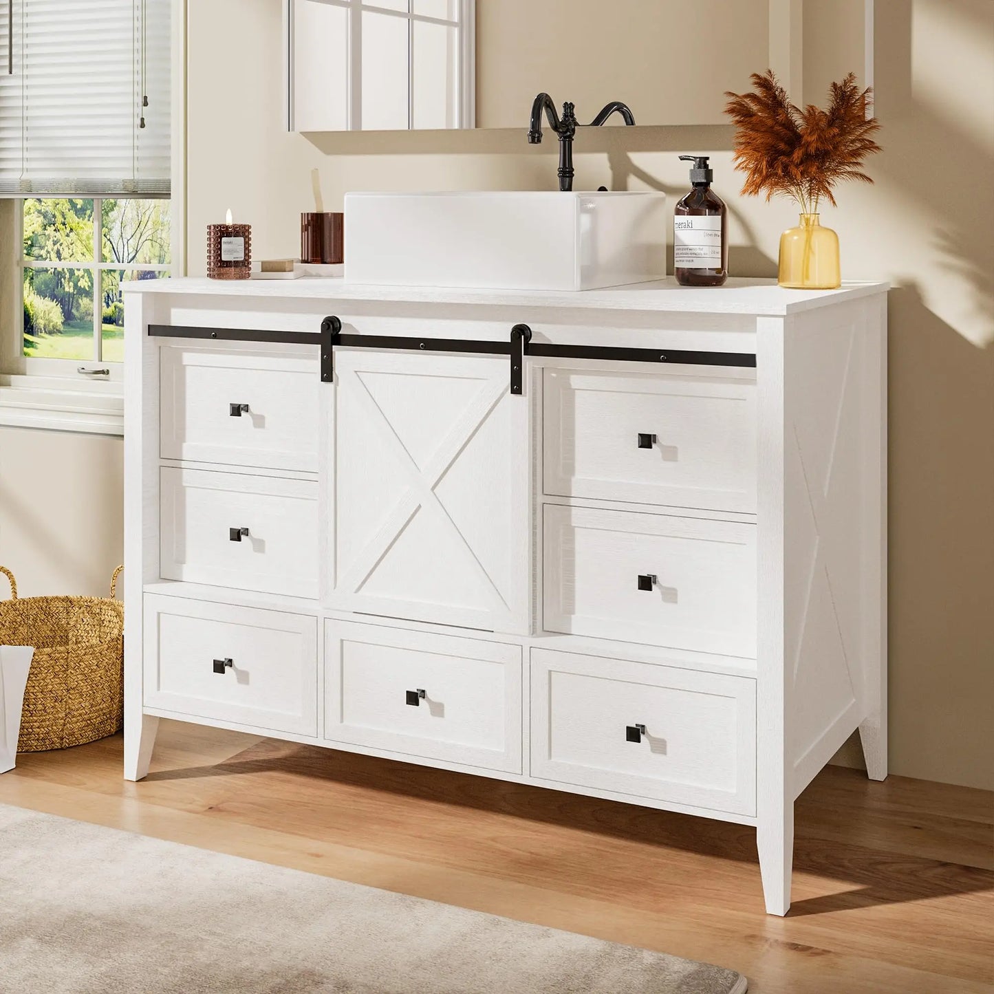 48 Inch Bathroom Vanity with Sink Ceramic, Freestanding Cabinet with Farmhouse Sliding Barn Door, Space-Saving Storage Cabinet