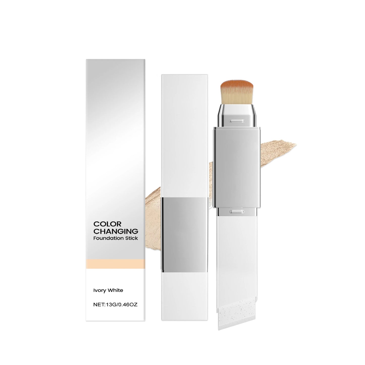 2-in-1 Color-Changing Foundation Stick Full Coverage Lightweight Moisturize Finish Base Makeup Dual-Ended with Detachable Brush