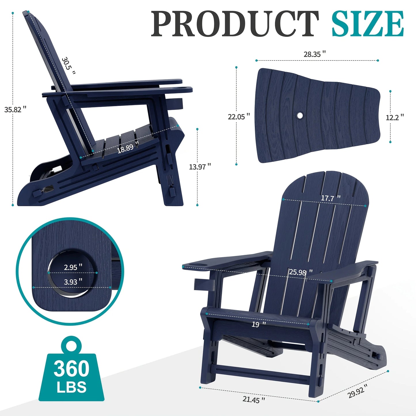 Outdoor Chair Set of 2 All-Weather Patio Furniture Table and Footrest Wood  Holder for Patio Poolside Garden