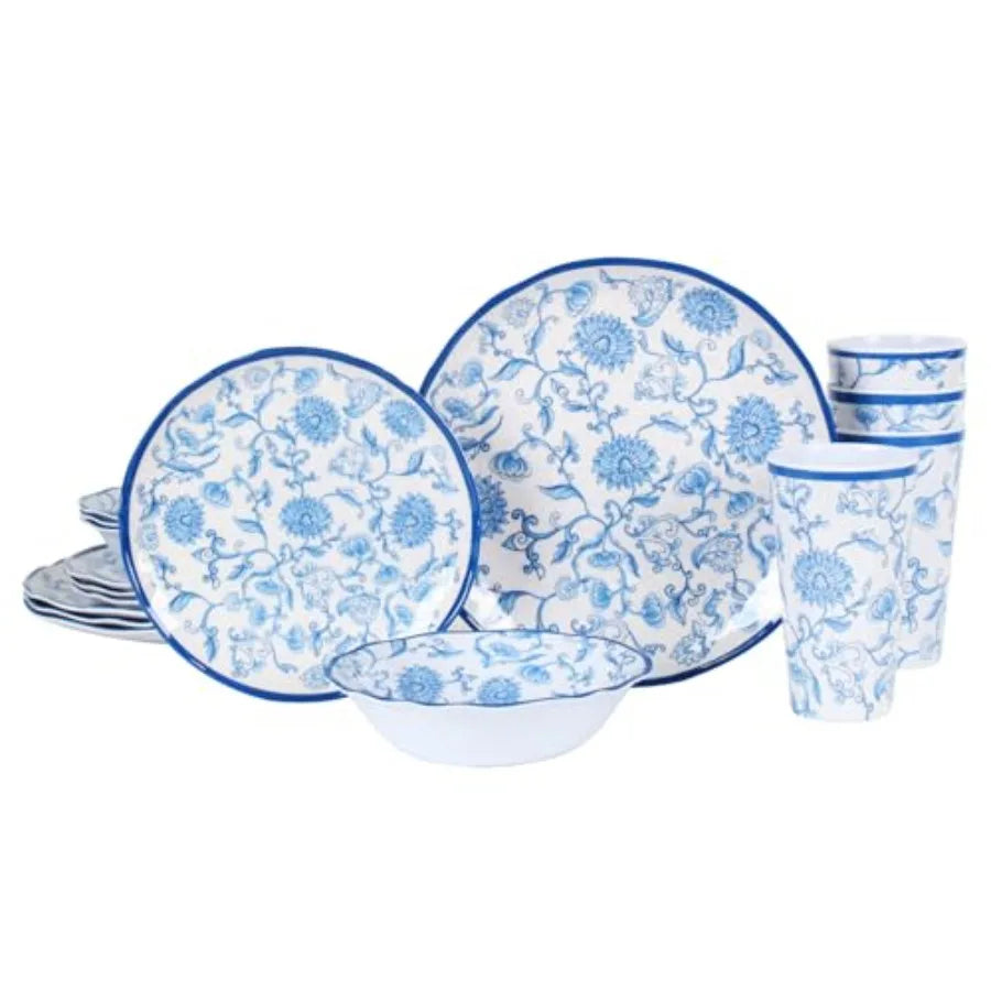 Melamine Dinnerware Set for 4-16 Pcs:Camping Dishes Set with Dinner PlatesSalad Plates Cups and Bowls.Lightweight and Unbreakab