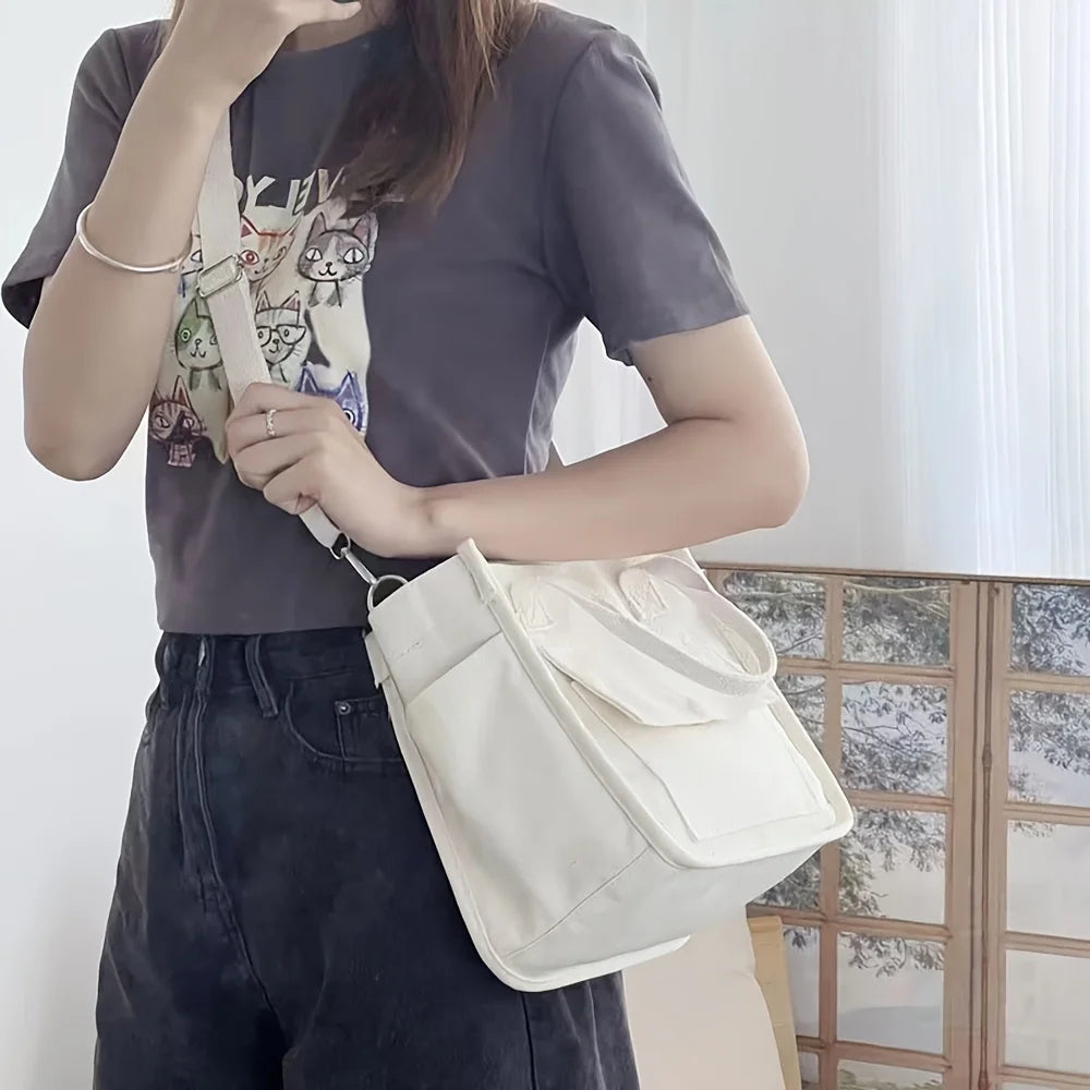 Small Canvas Tote Bag with Pockets Crossbody Bags for Women Cute Shoulder Purse Handbags Lunch Bag for Office Work