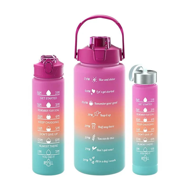 3-Piece Set Large Capacity Gradient Water Bottle,Water Bottle with Straw 2 Litre Leakproof with Time Marker,for Sports Fitness