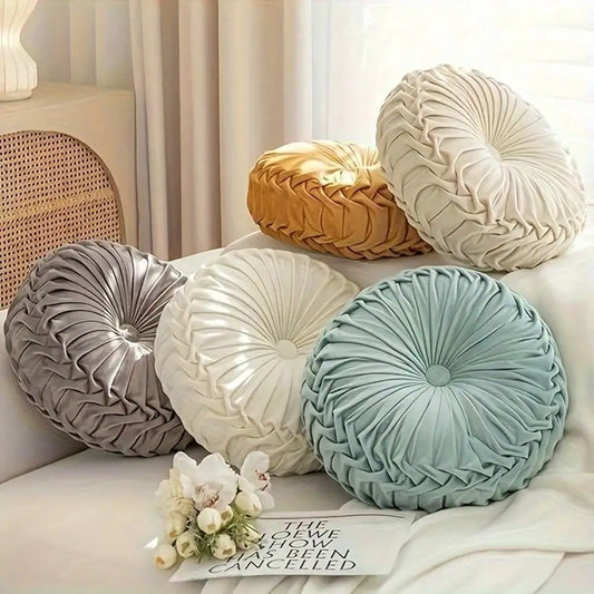 1pc Decorative Round Pleated Seat Cushion, Classy Accent Wheel Throw Pillows With Center Button, Vintage Velvet Floor Pillow For