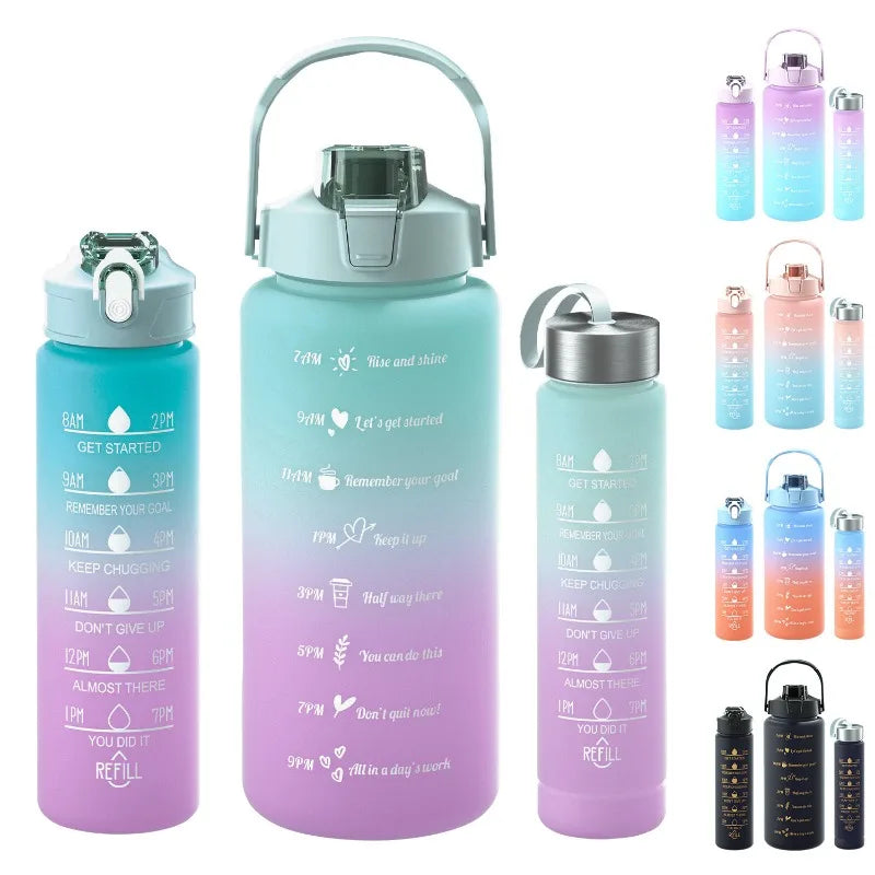 3-Piece Set Large Capacity Gradient Water Bottle,Water Bottle with Straw 2 Litre Leakproof with Time Marker,for Sports Fitness